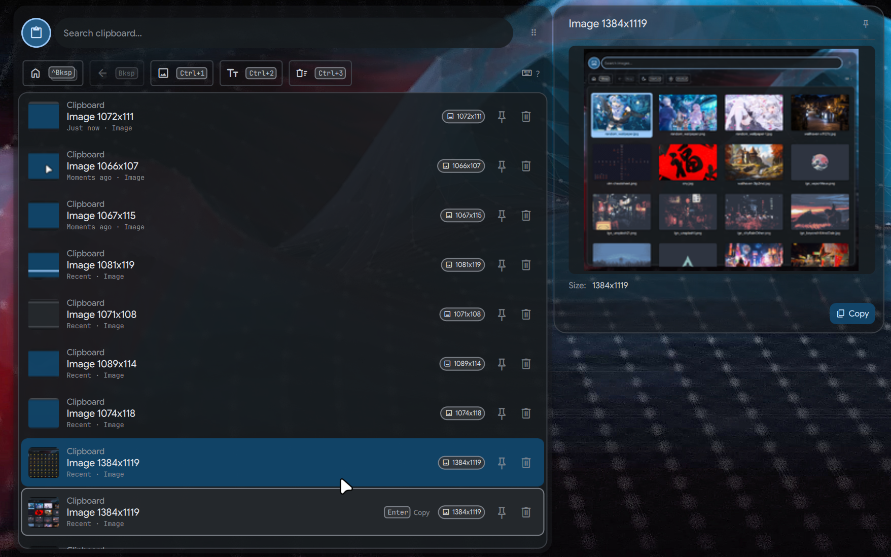 Item with image preview in side panel